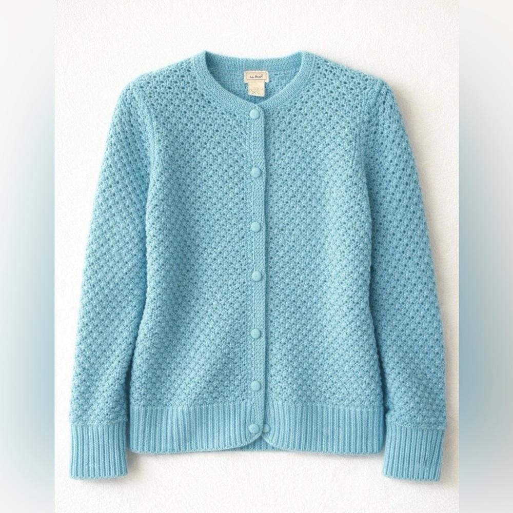 LL Bean Vintage Aqua Popcorn Knit Cardigan Sweater Large